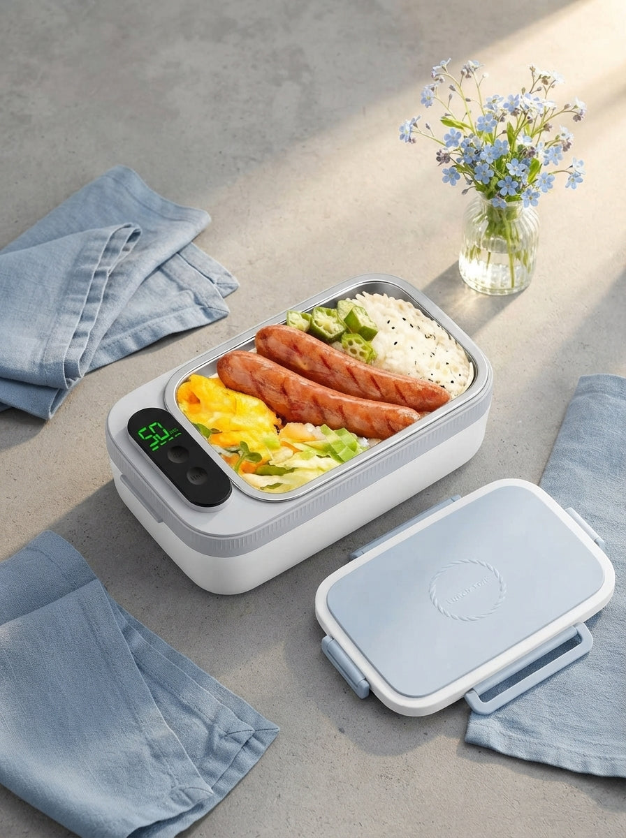 A cordless electric lunch warmer sits on a clean surface with dusty blue accents and soft lighting in a modern workspace.
