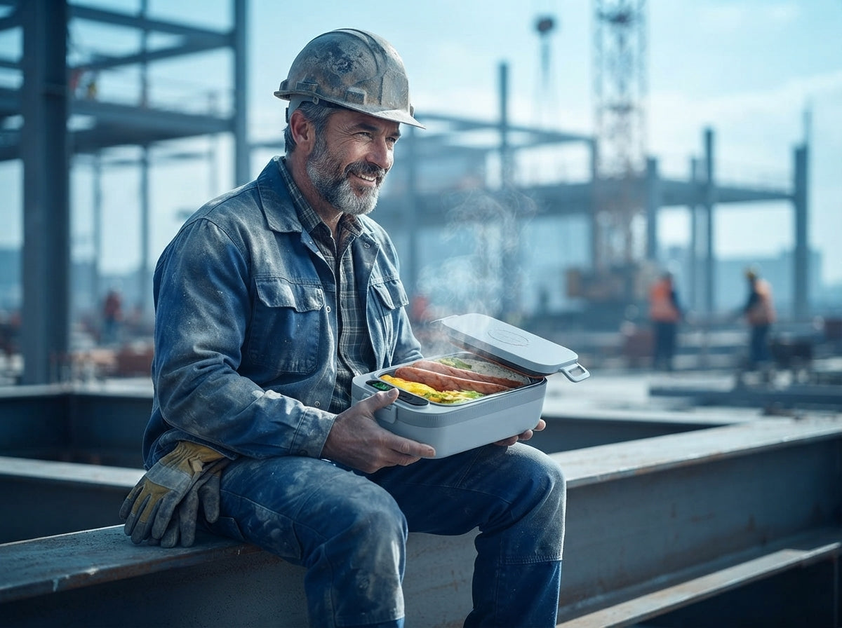 A construction worker eating a hot meal from a wireless electric lunch warmer on a job site.