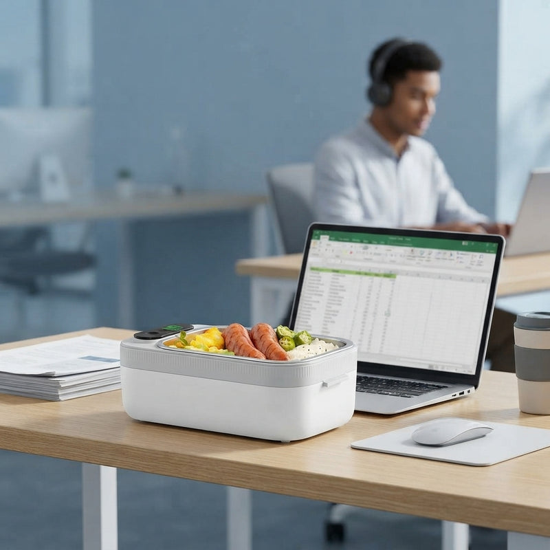 A portable wireless electric lunch warmer sits on an office desk next to a laptop, representing a modern desk-side dining sol